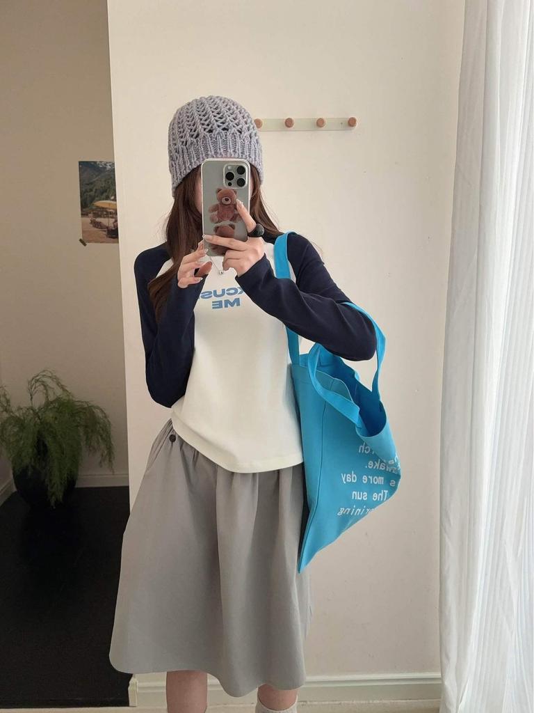 Lu Si Women's Spring Raglan Sleeve Color Block Letter Base Layer, Versatile Slimming Long Sleeve Casual Top