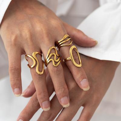 Stainless Steel Irregular Wave Rings for Women Men Creative Gold Color Adjustable Opening Ring Female Statement Jewelry Gifts