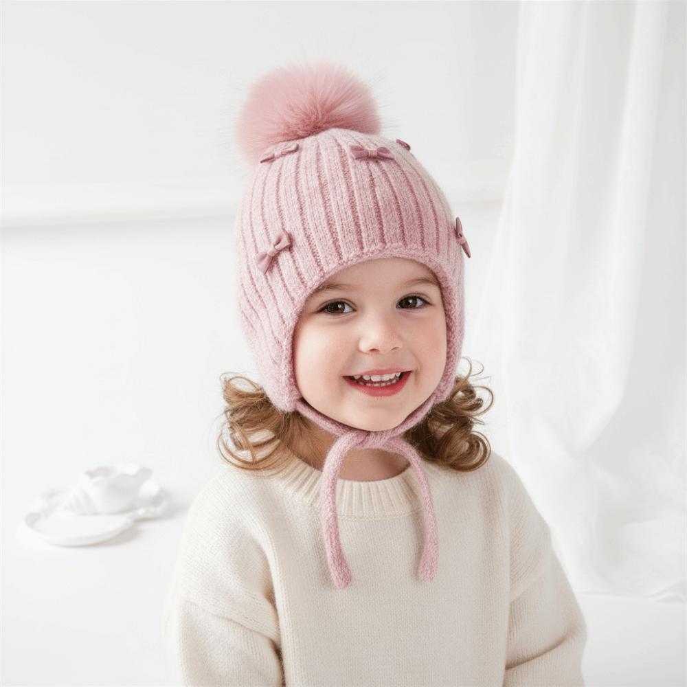 Ears Protection Kids Bonnet Hat Pompom Bows Girl Cap Cute Ears Protection Hat  Autumn