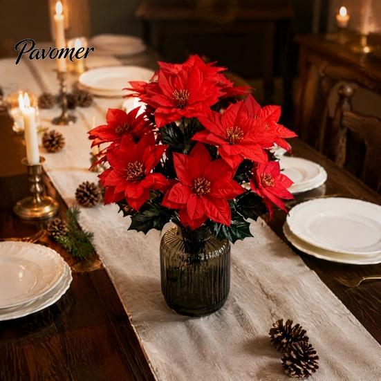 Vibrant Red Poinsettia Bunch for Home Artificial Flowers, Christmas Bouquet with Berries, Faux Silk Synthetic Flower Decoration Floral Stems