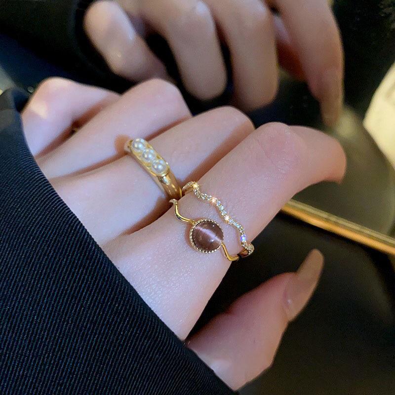 Gold Plated Zircon Cat's Eye Double Layer Retro Ring