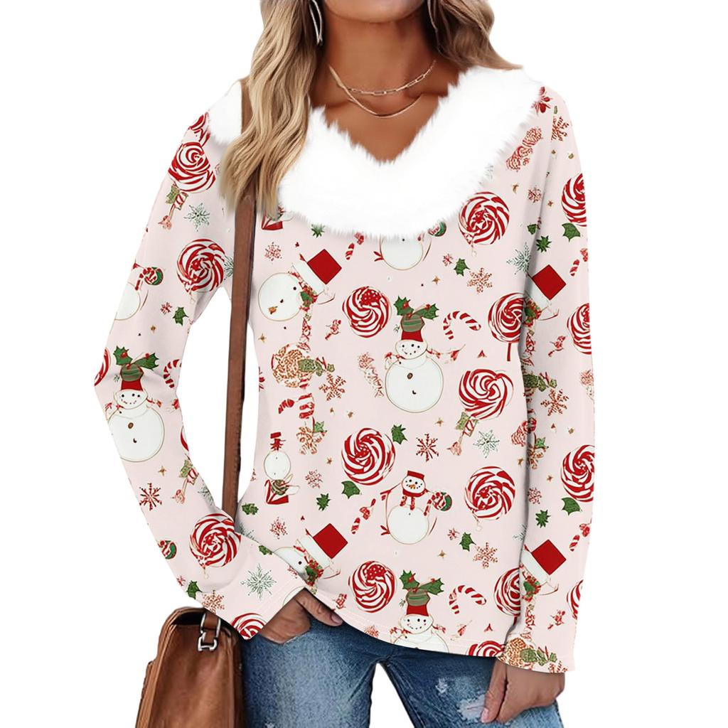 Mode Femme Manches Longues Noël Col V Imprimé Fête Haut Fourrure
