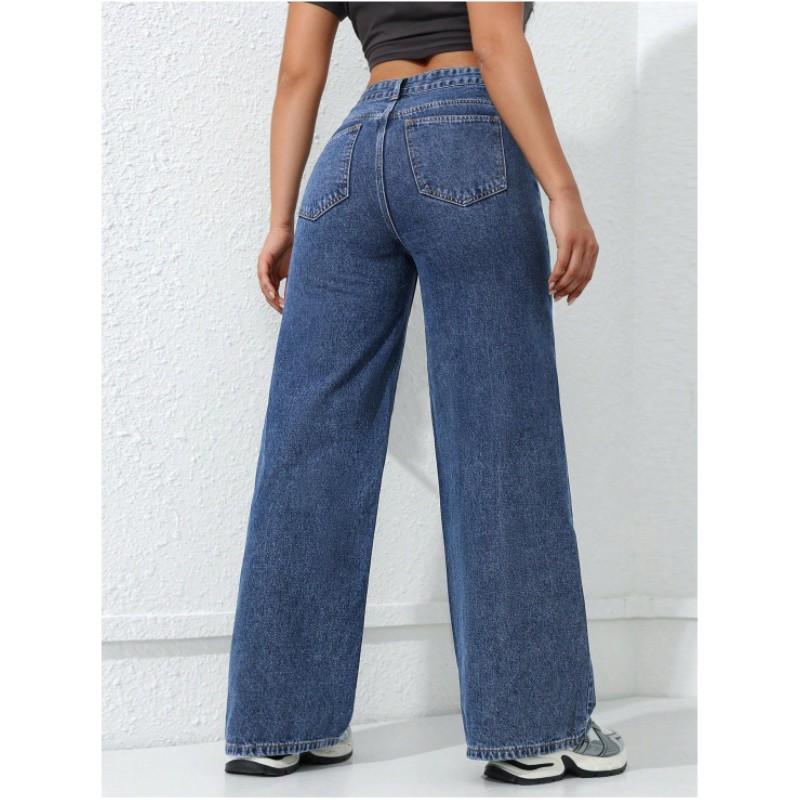 Women Loose Retro Wide Leg Jeans Solid Casual Straight Wash High Elastic Denim Pants