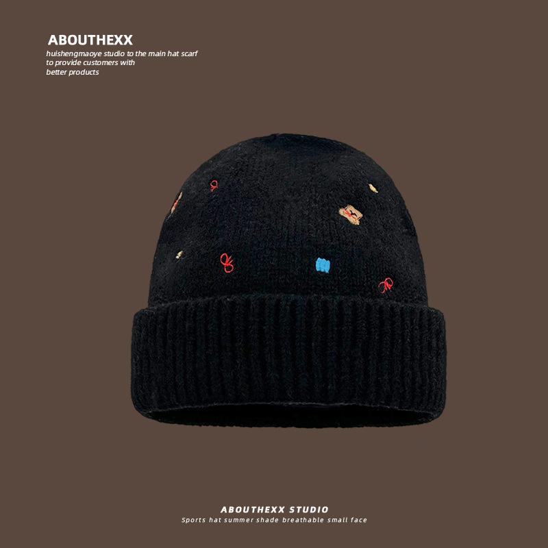 Embroidered Wool Hat for Women In Autumn and Winter Korean Version of Warm Knitted Hat Showing Face Small Ear Protection Bag Head Cold Hat for Men