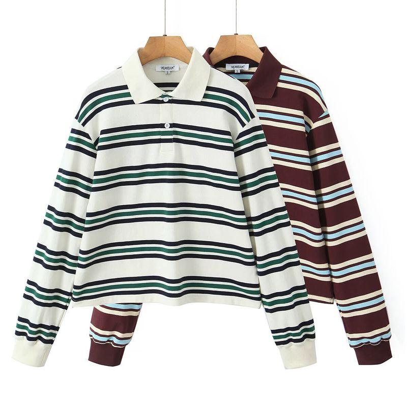 Za Autumn New Arrivals Women's Clothing Zr European and American Style Fashionable Striped Color-Block Polo Collar Casual Long Sleeve T-Shirt Top