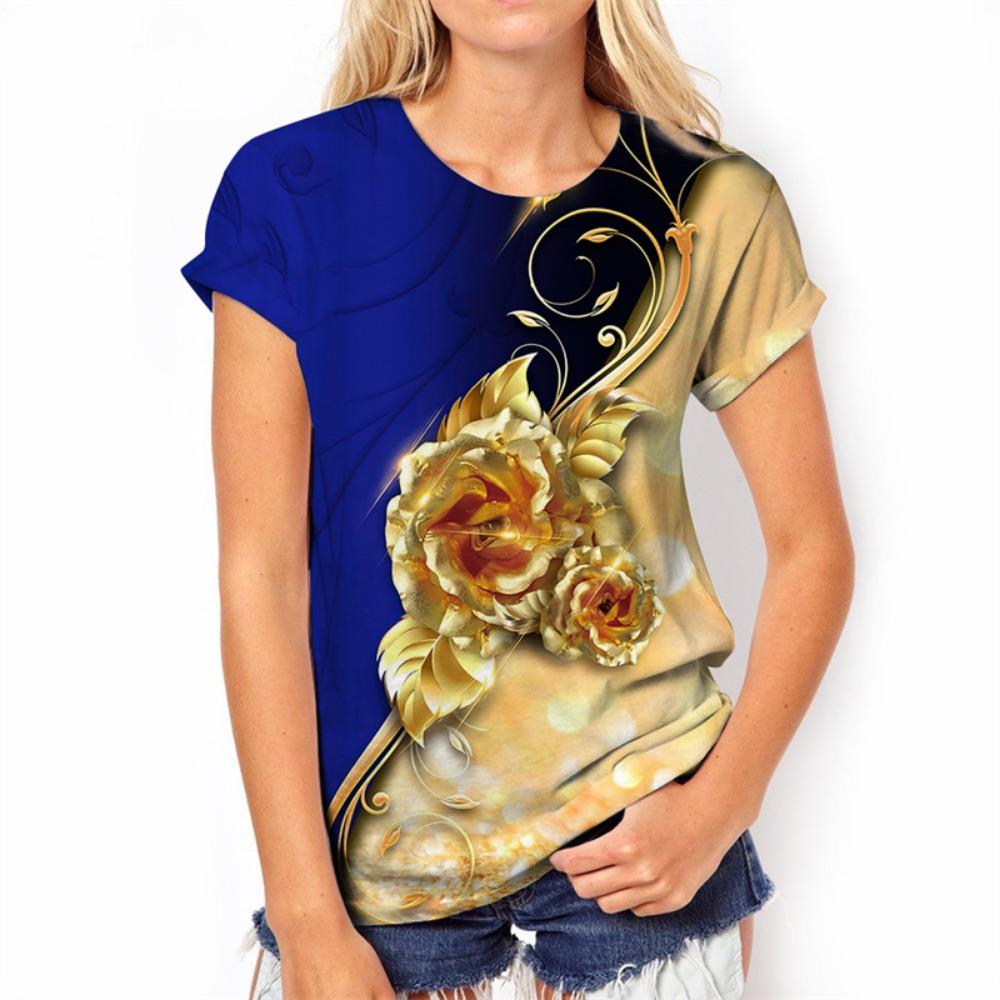 3D Rose Blume Print T Shirt Sommer Kurzarm Top Fashion Floral Grafik Harajuku T-shirts Für Frauen Kleidung T-Shirts Mädchen