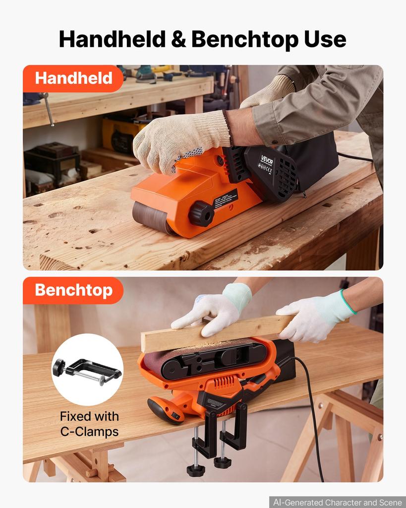 VEVOR 750W Belt Sander 7.6 x 53.3 cm Woodworking Belt Sander 6 Speeds 630-1200 FPM, 2-in-1 Handheld & Benchtop Sanding Machine with 2 Dust Bags