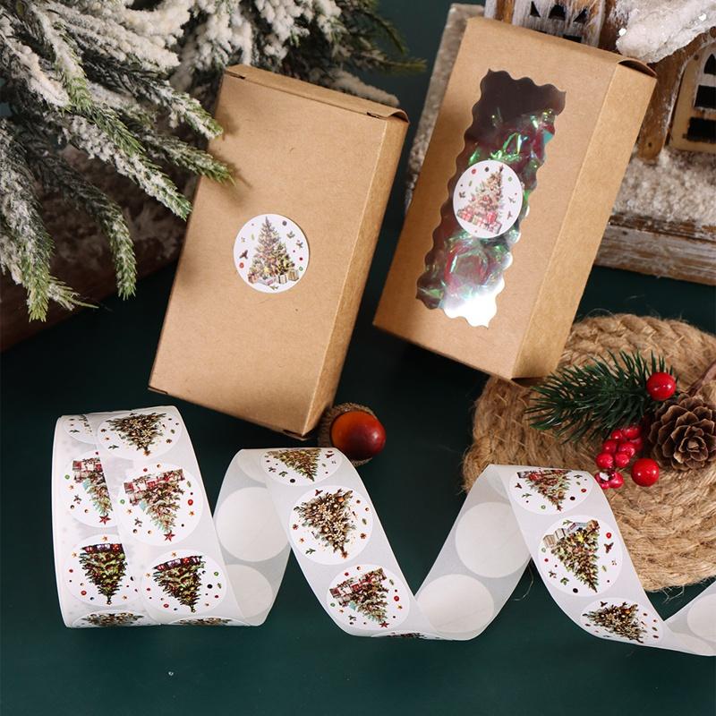 500pcs Merry Christmas Stickers Round Christmas Tree Tags Stickers for Kids Gifts Baking Package Envelope Stationery Decoration