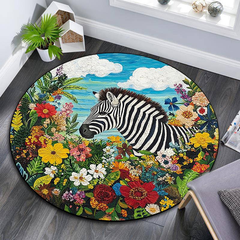 Zebra Round Area Rug,Carpet Rug for Living Room Bedroom Sofa Playroom Decor,Non-slip Floor Mat