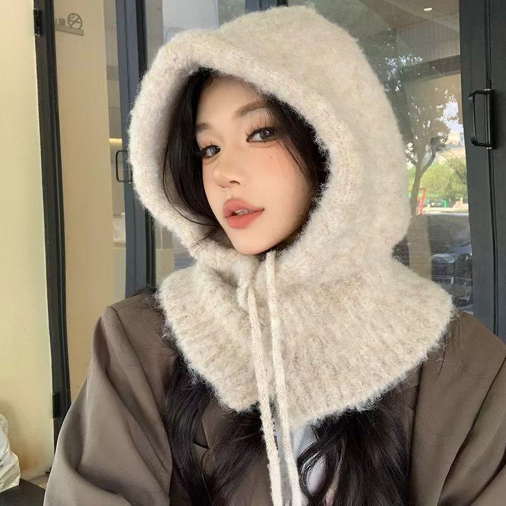 Solid Color Women  Balaclava Hat and Scarf Integrated Windproof Cap Knitted Pullover Hat  Outdoor