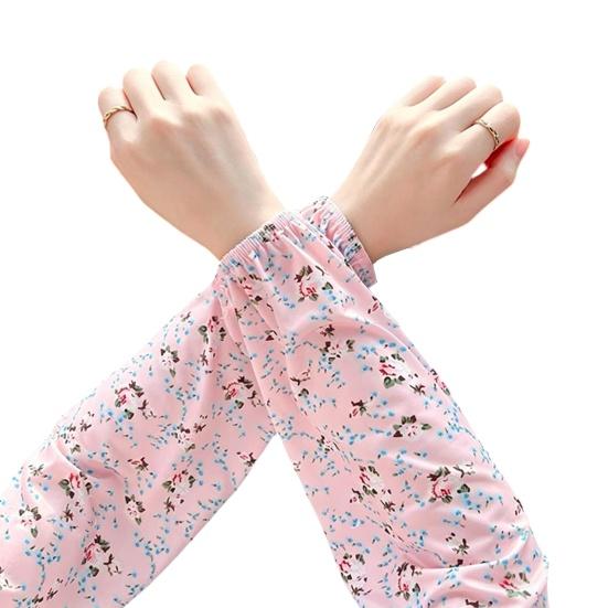 Ice Silk Arm Sleeves for Women, UV Sun Protection Cooling Sleeves with Floral Print, Loose Fit Elastic Cuffs Arm Covers for Cycling Driving Working
