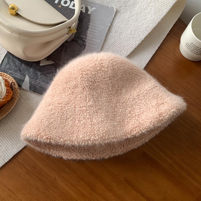 Weißer gestrickter Kaninchenfell-Bucket-Hat für Damen, neu für Herbst und Winter, großer Kopfumfang, Beckenhut, hochwertiges Gefühl, Hut für ein kleines Gesicht