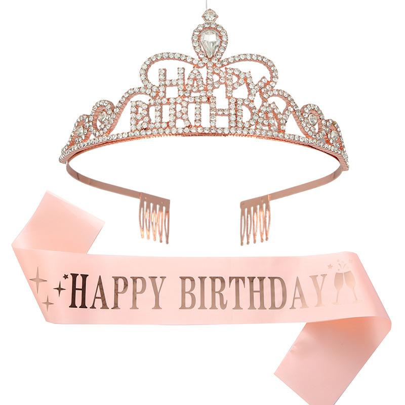 Happy Birthday Party Crown Hair Band Crystal Headwear Hair Accessory Gold Onion Cloth Belt Sash