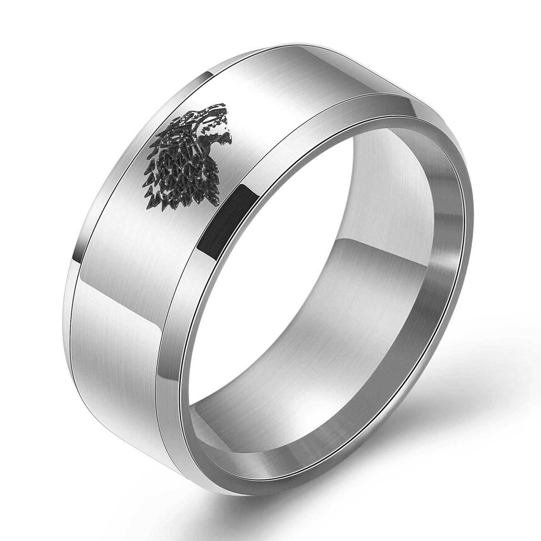 8MM Smooth Laser-Engraved Wolf Head Stainless Steel Ring Size 9