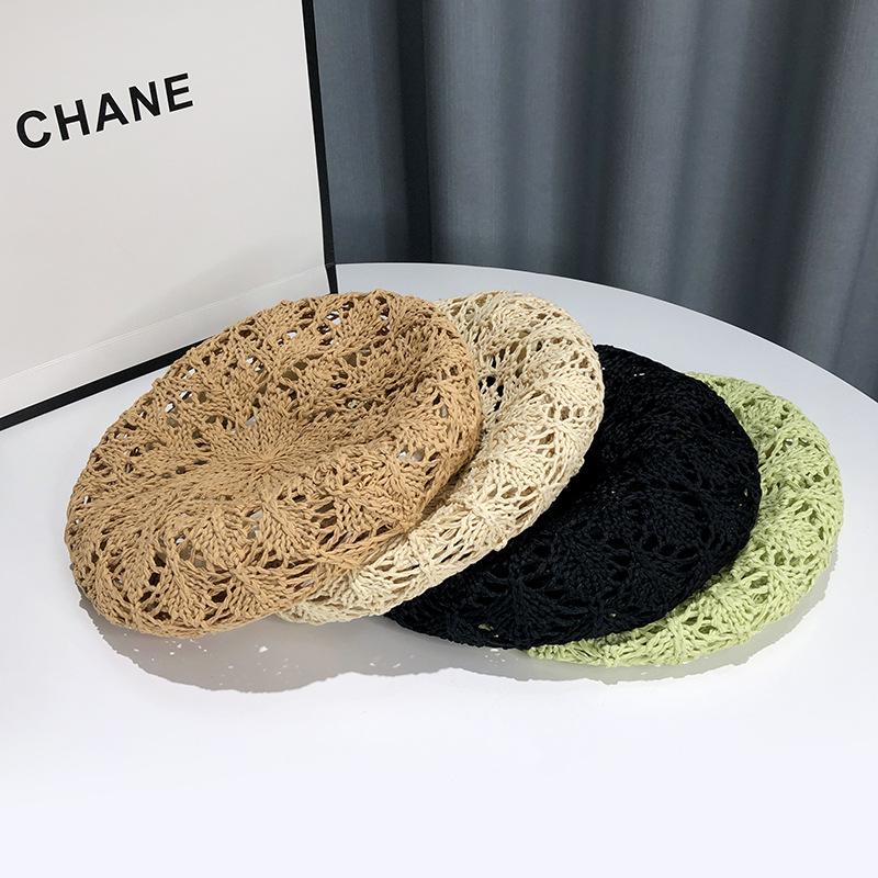 Fashionable Hollowed Out Grass Woven Beret For Children'S Summer Korean Breathable Fashion Hat, Casual And Versatile Painter Hat