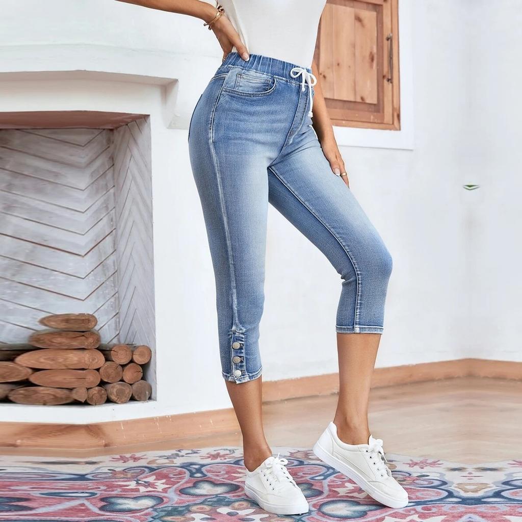 Damskie Jeansy Retro Kolor Wysoki Stan Krótkie Jeansy Sznurek Jeansowe Spodnie