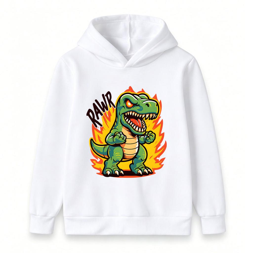 Kids Boys Girls Crewneck Hoodie Sweatshirt, Cool Angry T-Rex Dinosaur Printed Pullover Top with Fire Rawr Pattern, Casual Soft Long Sleeve Pullover