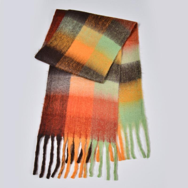 New autumn and winter rainbow plaid scarf fashion circle yarn thickened warm plaid fringed long scarf couple