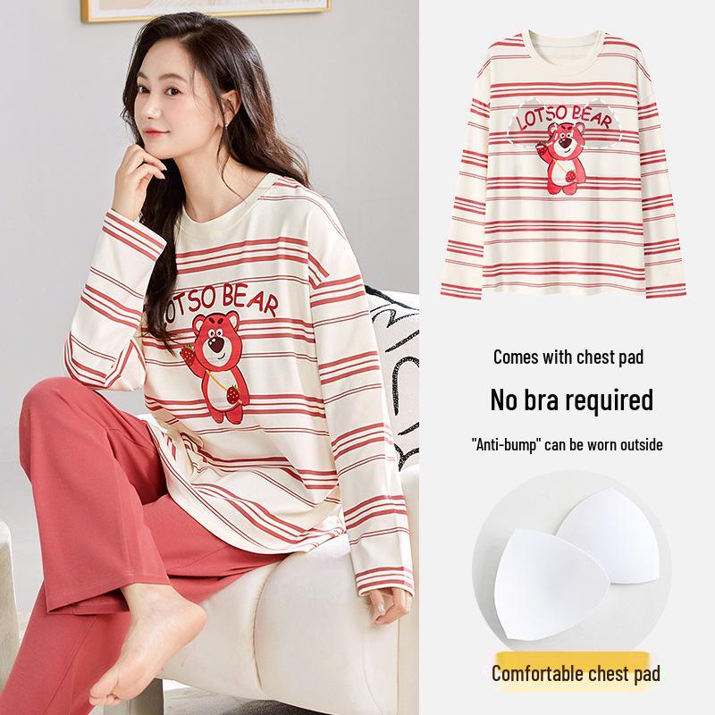 Women's 2025 Long-Sleeve Cartoon Pullover Pajamas with Chest Pad - Versatile Cotton Set for Indoor/Outdoor Wear (Autumn/Winter).