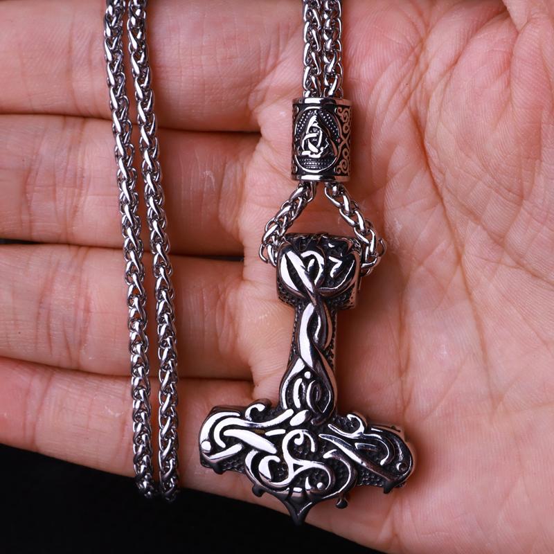 Flerfärgad pärlhalsband med vikingahammare och Thors hammare, rostfritt stål, herrhalsband, Mjolner amulett, smycken