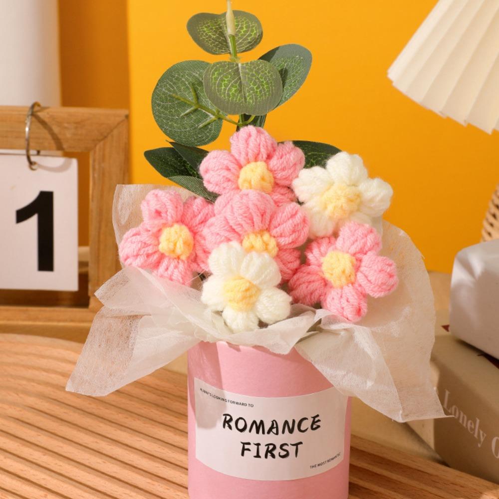 Buquê de Flores Artificiais de Crochê Flor Eterna Feita à Mão Buquê de Formatura Presente de Dia das Mães Aniversário
