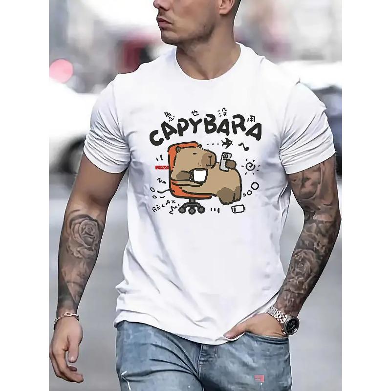 European sizes Men's Casual Capybara Graphic Tee - Lightweight, Breathable Polyester, Crew Neck Short Sleeve T-Shirt
