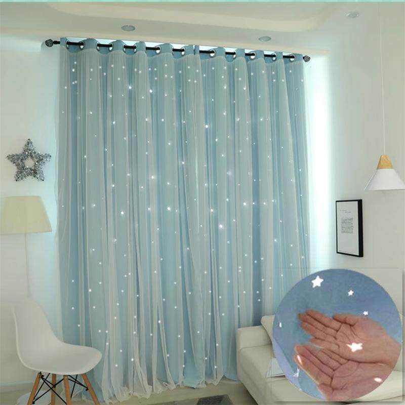 1pc Korean-style Double-layer Integrated Lace Blackout Hollow Star Curtain, Ready-made for Bedroom and Living Room
