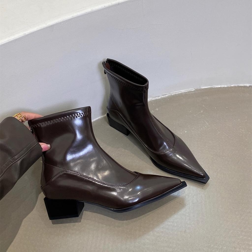 Thick Heel Pointed White Thin Boots Small Short Boots Women's Shoes 2025 New Spring, Autumn and Winter Versatile Korean Small Ankle Boots