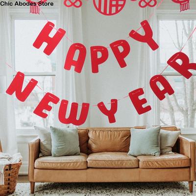 Non-woven Fabric Happy New Year Pull Flag Red Traditional Happy New Year Banner Reusable Decorative
