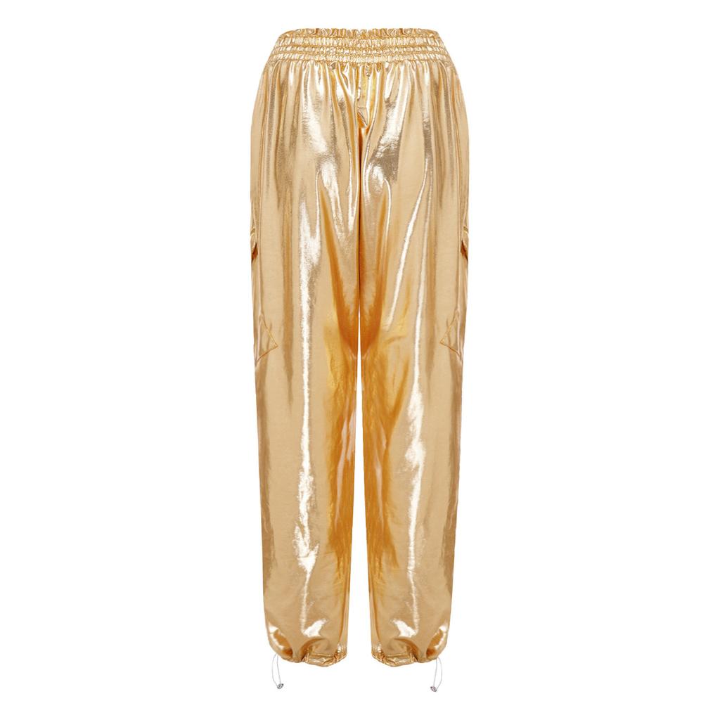 Shiny Metallic Cargo Pants for Women Elastic Waistband with Ruffle Trim Multiple Pockets Jogger Style for Hip Hop Music Stage Outfit