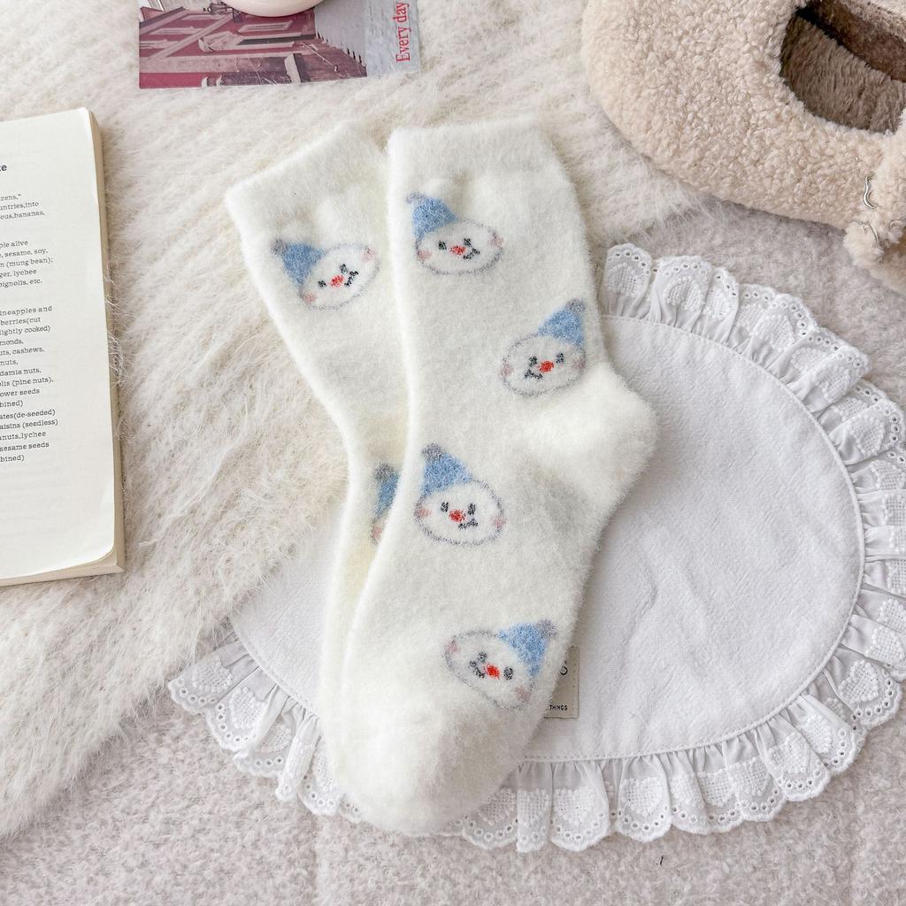 Blue Snowman Australian Velvet Socks Christmas Tree Girl Thickened Warm Confinement Socks Korean Winter Cute Mid-Leg Socks