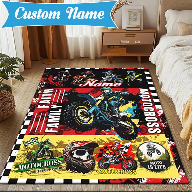 Custom Name Sport Bike Rug for Living Room, Game Rooms, Office, Bedroom, Floor Mat Playful Design, fan gifts Christmas decor