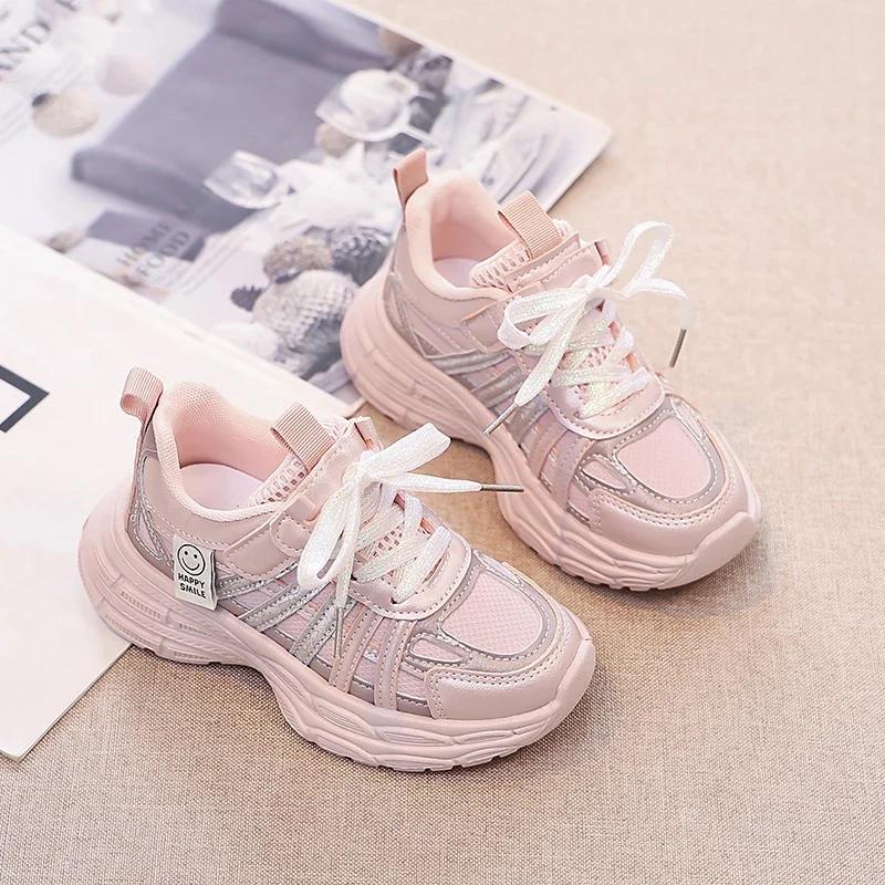 Girls Sneakers Mesh Breathable Kids Sports Shoes Non-slip Soft Sole 2025 New Fashion Children Running Shoes Thick Sole Trendy
