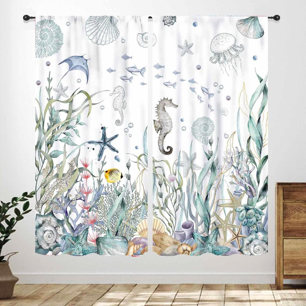 Watercolor Ocean Sea Life Seahorse Starfish Shell Print Window Curtain For Bathroom Bedroom Decor