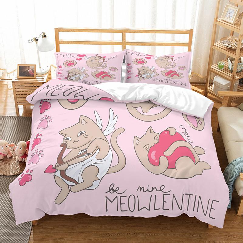 Cat Flowers King Queen Duvet Cover Cartoon Kitty Floral Bedding Set For Kids Lovely Animals Black 2/3pcs Polyester Quilt Cover