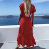 Women's Casual V Neck Tie Waist Ruffle Sleeves Polka Dot Print Dress