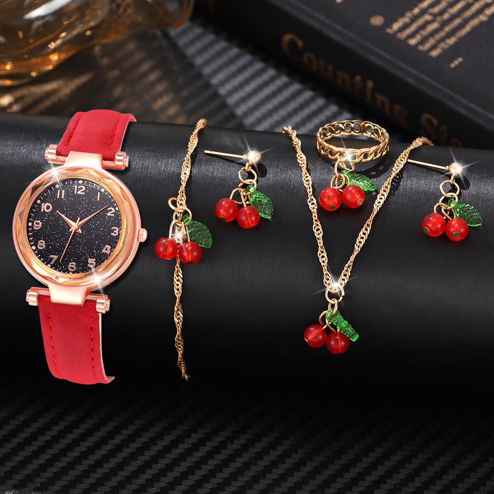 

5/6 PCS/Set Red Women s Watch With Minimalist Elements Dial Quartz Watch Latex Strap Cherry Elements Jewelry Set Girl s Gift червоний
