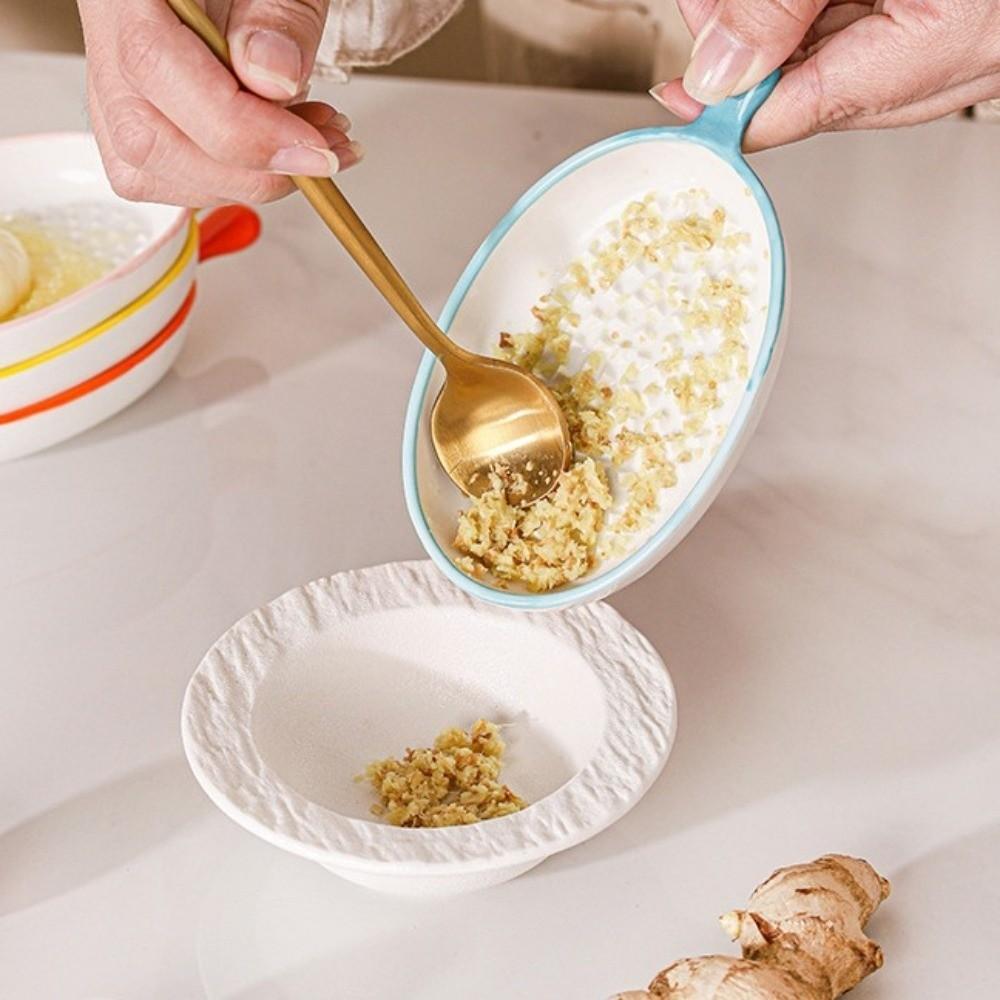 Küchenutensil Ellipse Keramikmörser mit Griff Multifunktionale Ingwerreibe Tragbare Mahlschale Küche
