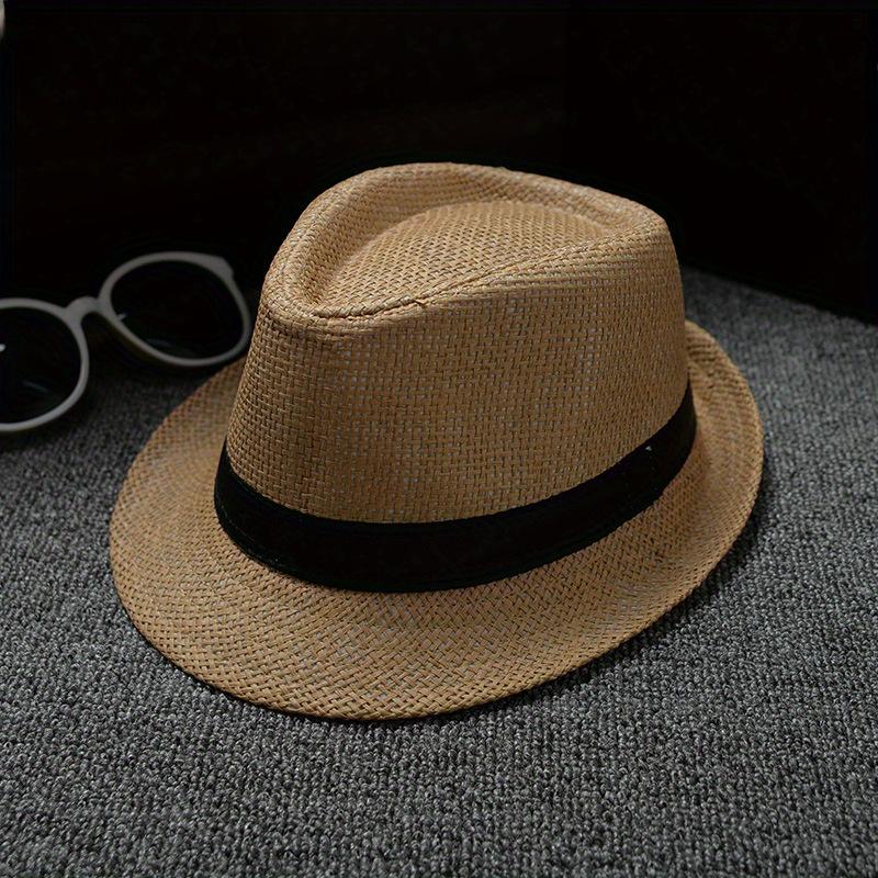 Men's Hat Woven Straw Sunshade Hat Casual Hat Belt Buckle Beach Hat Straw Sun White Wedding Black Belt Fedoras