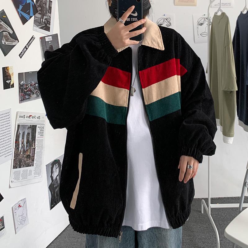 Men's Versatile Korean Contrast Color Corduroy Jacket - Spring/Autumn, Loose Fit Casual Top