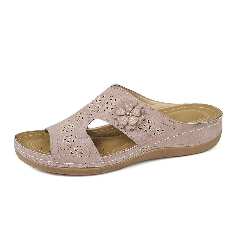 2025 Summer New European and American Flower Sewing Thread Solid Color Light Mouth Round Head Casual Fashion Women's Shoes Slope Heel Cool Slippers