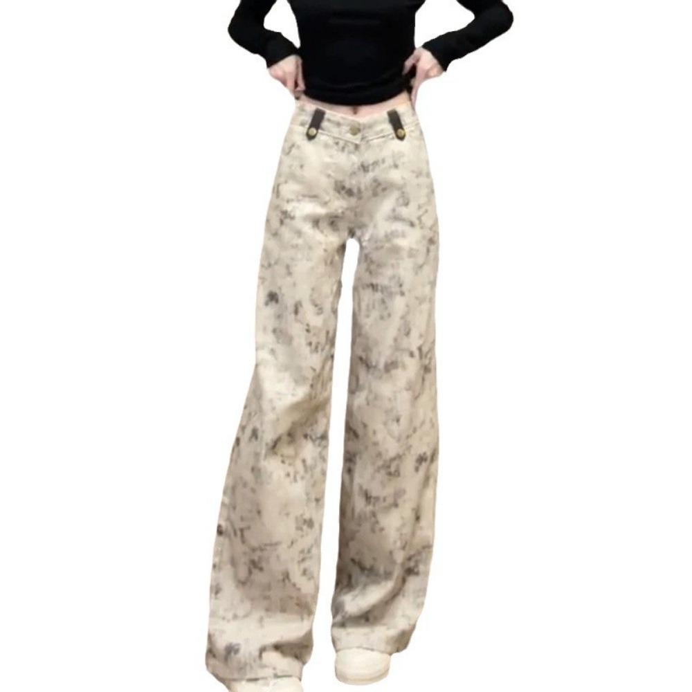 Commuter Versatile Tie-dye Printed Wide-leg Jeans Spring and Autumn New High-waisted Women's Floor-mopping Jeans