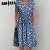 GMXIA 30 Color Pleated Midi Dress Short Sleeve Round Neck Loose Hem Mid-Calf Length Women Floral A-Line Party Dress Casual Wear