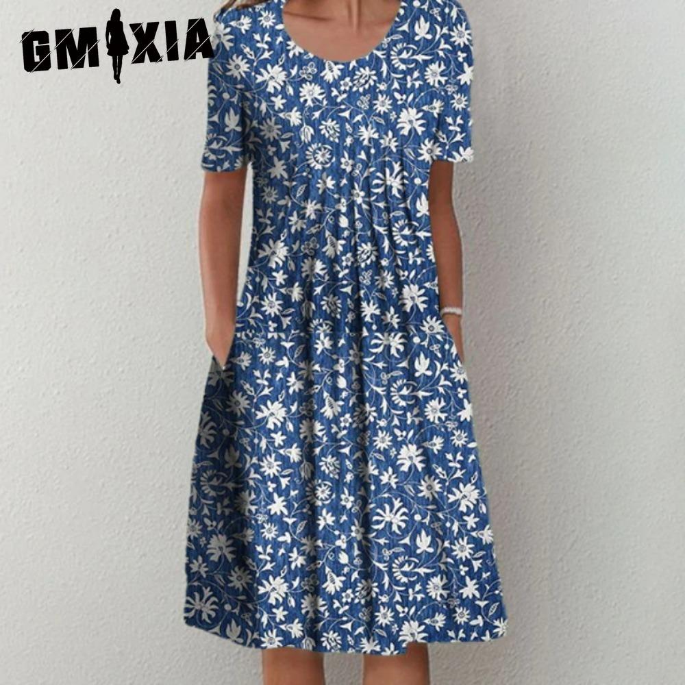 GMXIA 30 Color Pleated Midi Dress Short Sleeve Round Neck Loose Hem Mid-Calf Length Women Floral A-Line Party Dress Casual Wear