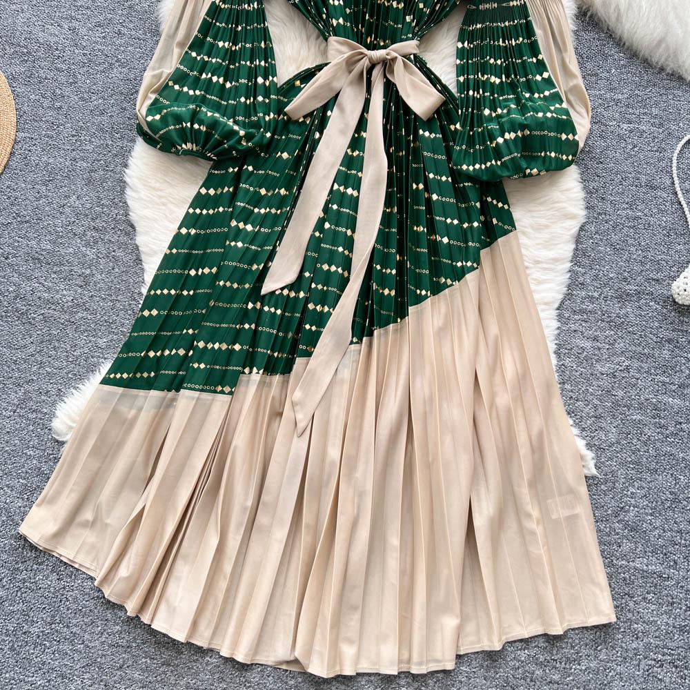 Vintage Elegant Spliced print slim Dress Korean Fashion Long dress hotsweet Women Fashion Dresses