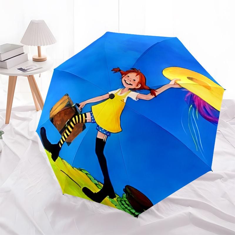 1pc Pippi Longstocking Automatic Folding Umbrella - Compact 8-Rib Design, Durable Plastic & Iron, Daily Use Z1230056