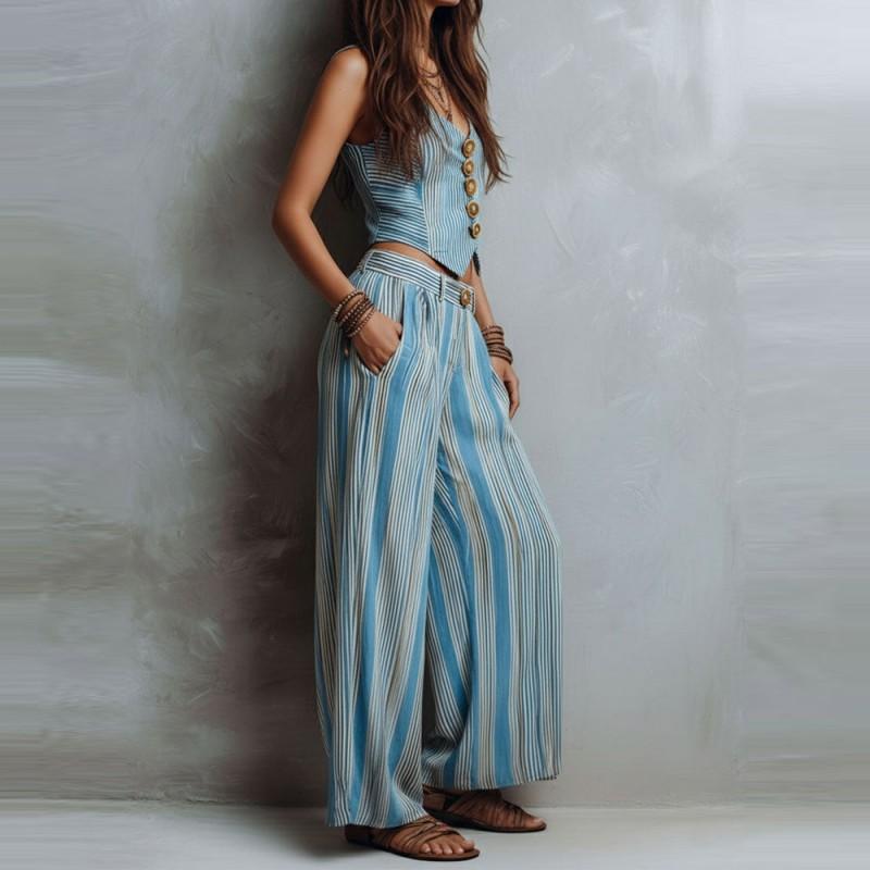 Wind Vertical Stripe Casual Vest Top Wide-leg Pants Set