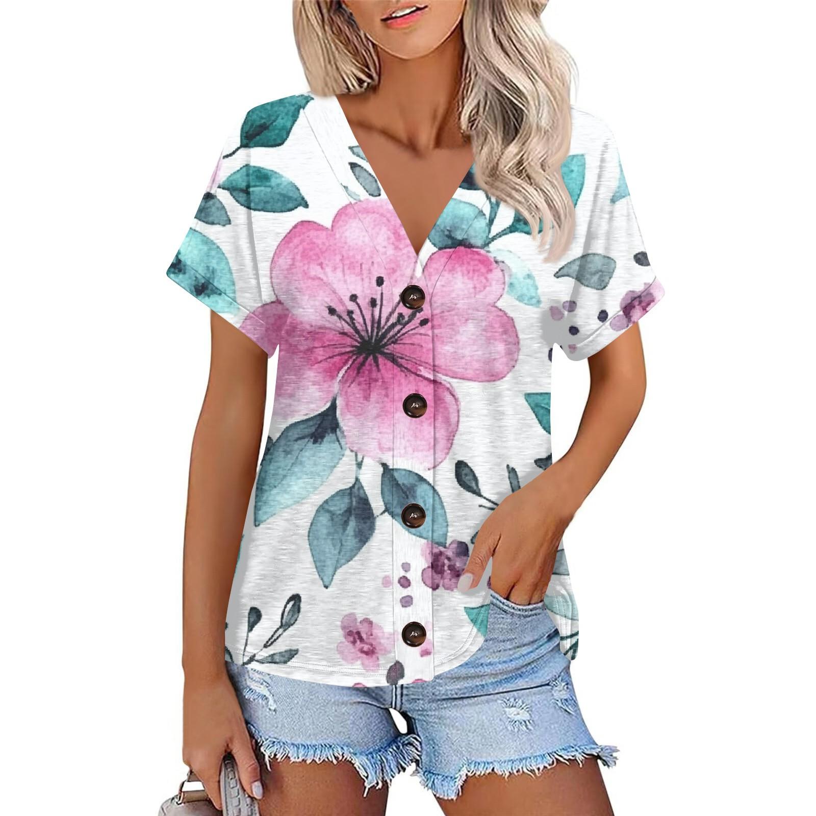 

Женская мода с короткими рукавами и V-образным вырезом, повседневная футболка с пуговицами XL белый