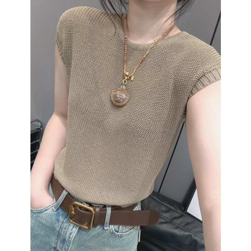 

Summer New Arrival Waist Trimming Short round Neck Knitwear Women s Short Sleeve Fancy Western Style Slim Fit Slim Looking Easiest for Match Chic Tops Khaki XL