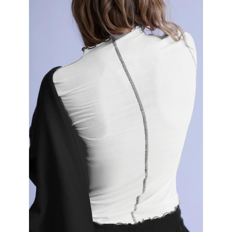 Women S Color Block Long Sleeve T Shirt Ruffled Mock Neck Slim Fit Top